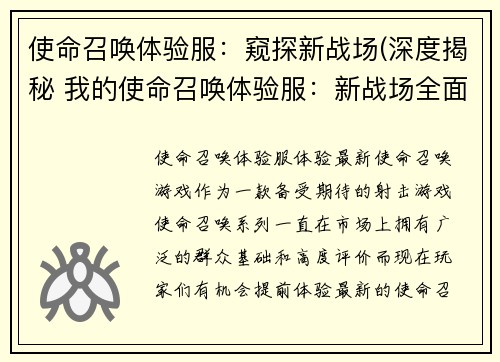 使命召唤体验服：窥探新战场(深度揭秘 我的使命召唤体验服：新战场全面探索)